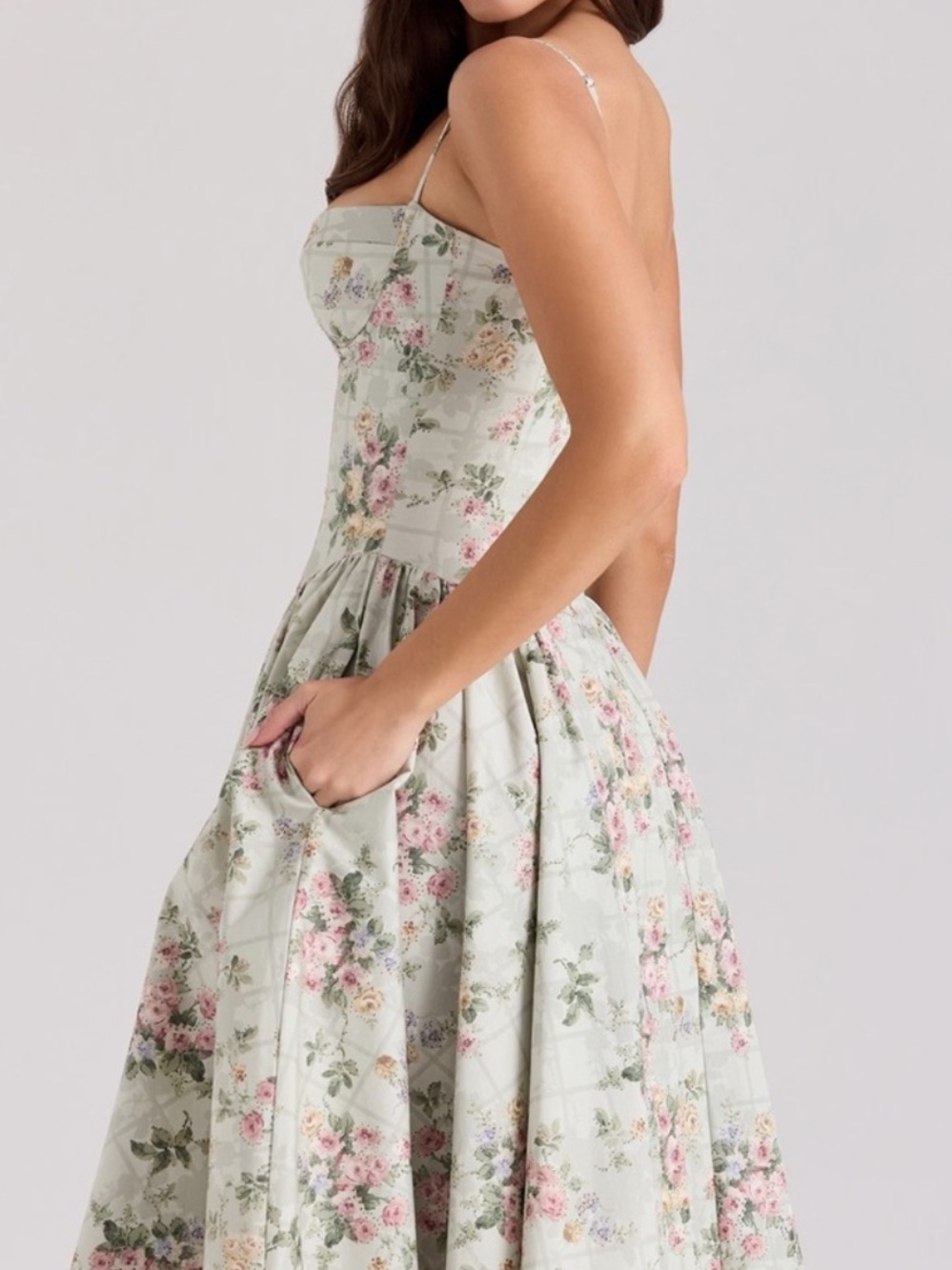 House of CB Samaria Mint Floral Midi Dress with Pink Blooms Size Small - Picture 3 of 11